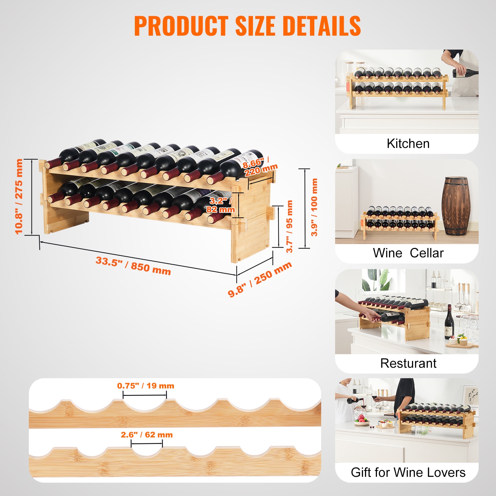 18 Bottle Stackable Modular Wine Rack Bamboo Wood Display Shelf 2-Tier_voghion.com